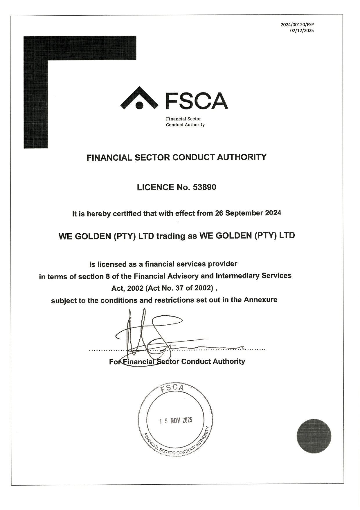 FSCA License Information – WeGolden (PTY) LTD