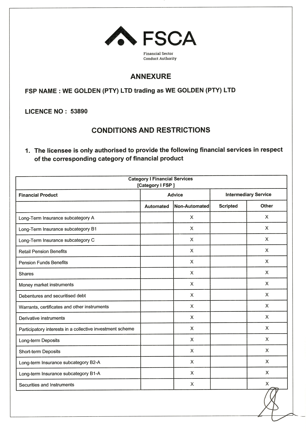 FSCA License Information – WeGolden (PTY) LTD