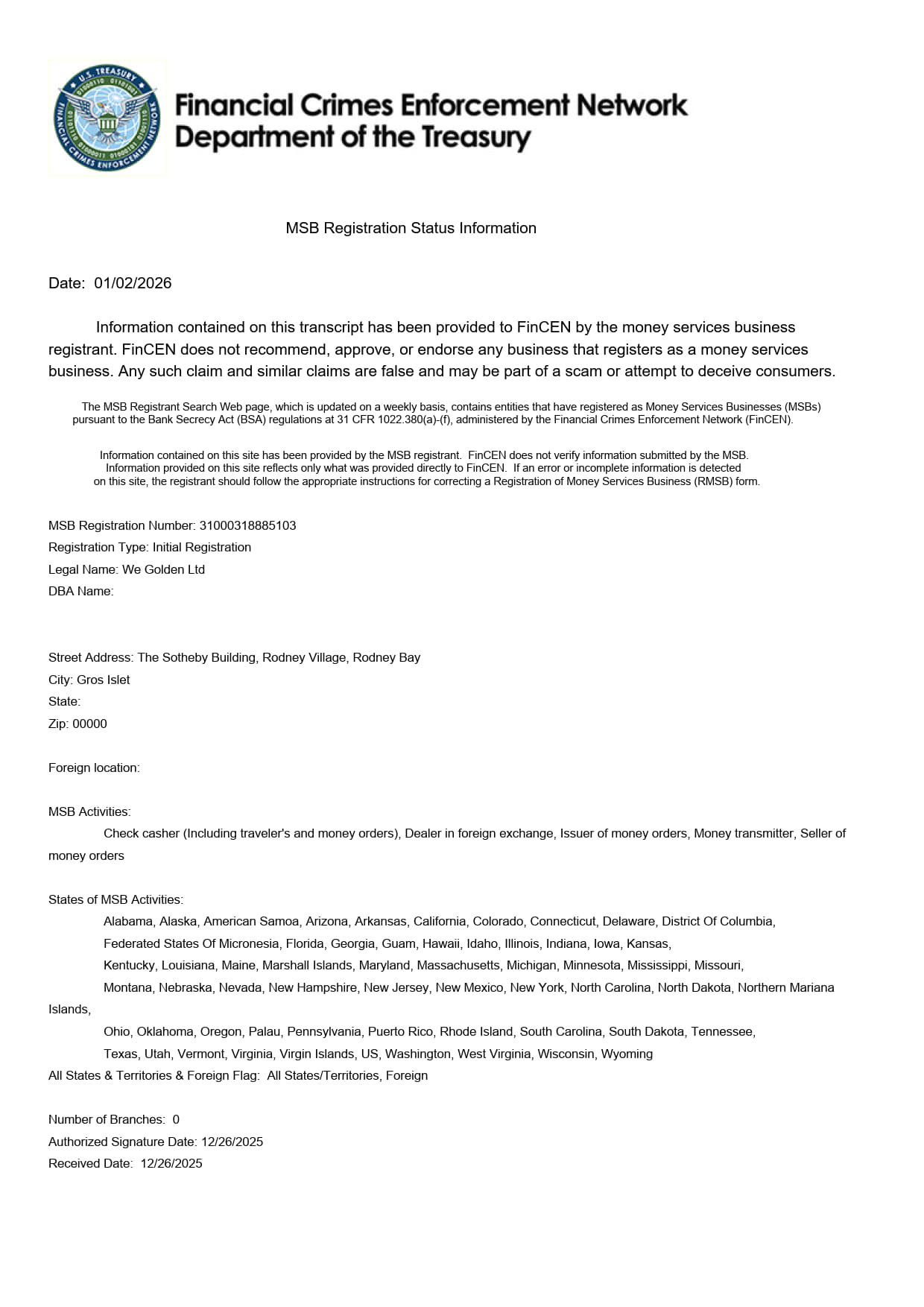 MSB License Information – We Golden Ltd